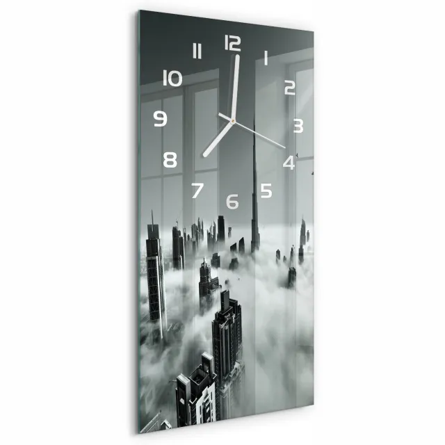 TULUP Wandklok - Mist boven Dubai Wandklok Glas Met Motief - 30x60 cm - Zwart-wit Decoratieve Glazen Klok - Witte handen - Rechthoekige Klok - Gekleurde Glazen Klok - Glazen Klok Met Print
