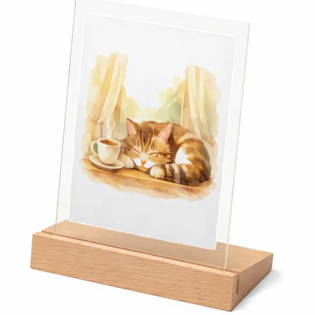Mr Cadeautjes Glasframe met vaste tekst - design Een slapende kat op een vensterbank met een kopje thee en za | cadeau Wit