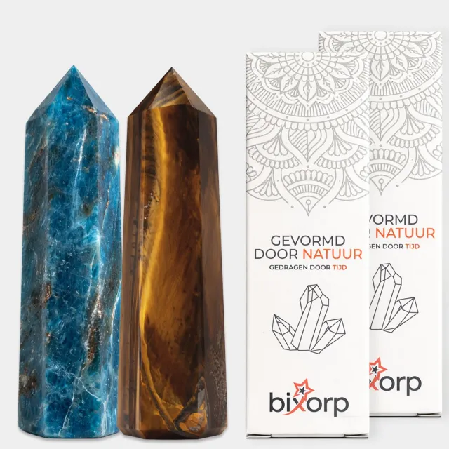 Bixorp Gems Edelsteen Punt set met Apatiet + Tijgeroog - Edelstenen Obelisk - Decoratieve Toren van 100% Natuurlijke Edelsteen - 6 tot 8cm *Bundel Apatiet + Tijgeroog