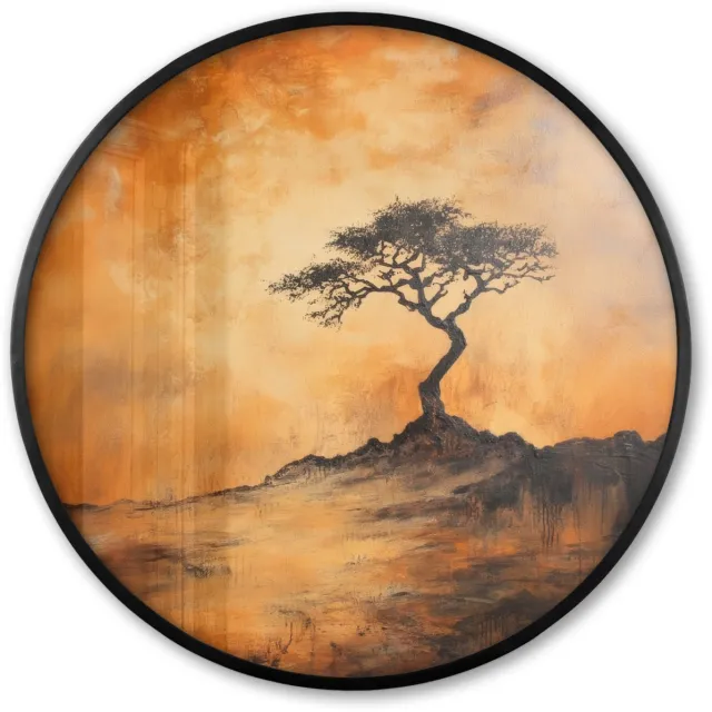 FrameYourWall Poster in lijst Rond - Fotolijst 80x80 cm - Posters - Boom - Landschap - Oranje - Ronde posterlijst zwart - Decoratie - Wanddecoratie woonkamer - Muurdecoratie slaapkamer