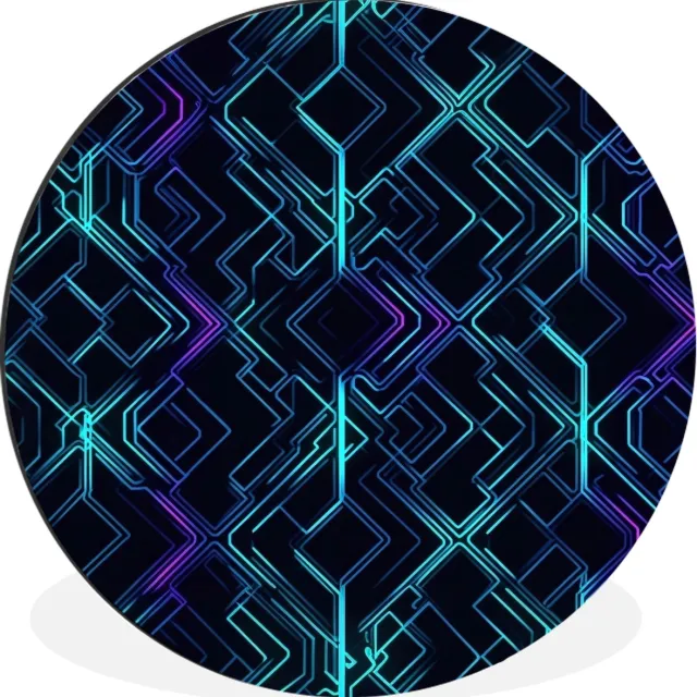 WallCircle Wandcirkel - Muurcirkel - Gaming - Ruitvormen - Abstract - Neon - Paars - Aluminium - Dibond - 120x120 cm - Binnen en Buiten Ruitvormen - Neon