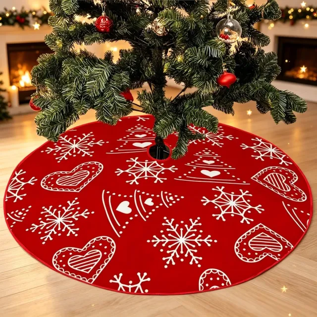 Flintry Kerstboomrok 90 cm Rood Kort Pluche | Sneeuwvlok & Hart Motief Boomkleed voor Kerstboom, Feestdecoratie voor Kerstperiode