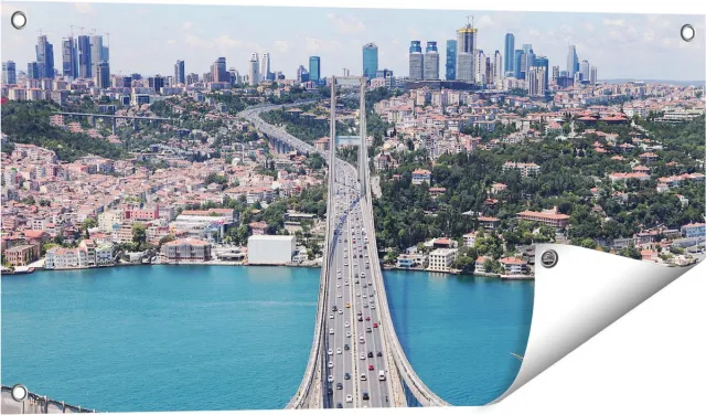 Gards Tuinposter Istanbul Bosporus Brug vanaf Boven - 80x40 cm - Tuindoek - Tuindecoratie - Wanddecoratie buiten - Tuinschilderij Multikleur