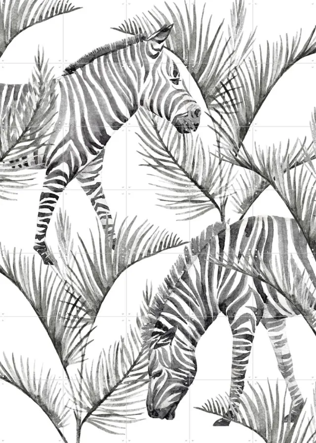 IXXI Zebra Palm, Creative Lab Amsterdam - 100 x 140 cm - Grote wanddecoratie en posters - Illustraties, Grafisch Ontwerp, Aquarel, Woonkamer, Dieren Zwart / Monochroom / Zwart en wit