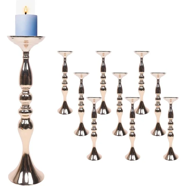 Tumex Kandelaar Goud - Kaarsenhouder - Kaarsenstandaard - Set van 10 - 50cm Hoog - Luxe Metaal - Geschikt voor Kaarsen en Bloemen