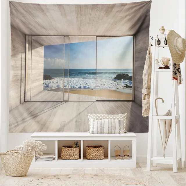 ABAKUHAUS Oceaantapijt, Sea View Waves rok, woonkamer slaapkamer wanddoek zijdezacht satijn wandtapijt, 200 x 150 cm, beige blauw wit