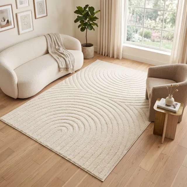 Tapiso Vloerkleed Linea 3D Boogpatroon - Ecru - Modern Design - Woonkamer Ecru Boogpatrooon