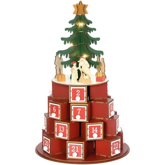 sogiol Kegelvormige Houten Adventskalender Kegel met thematische ontwerpen en 10 ledlampjes - 22x22x35 cm - multiplex - rood - groen en geel