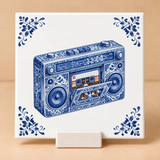 Bedruk King Delftsblauw Tegeltje 11x11 Boombox – Cadeau voor Muziekliefhebber of Jaren 80 Fan Wit