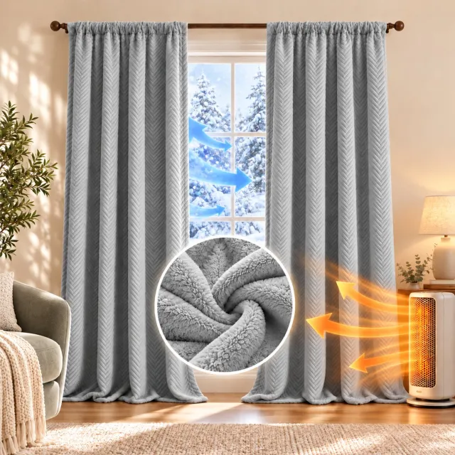 MUPOO Isolerende Gordijnen Kant-en-Klaar-Verduisterende Gordijnen 3-Laags Fleece 600 GSM+-Thermische Gordijnen 100% Verduisterend-Geluiddempend-Plooiband&Achterlussen-Overgordijnen Woonkamer&Slaapkamer&Eetkamer-Grijs-140Bx265H cm-1 Stuk Grijs-1 stuk