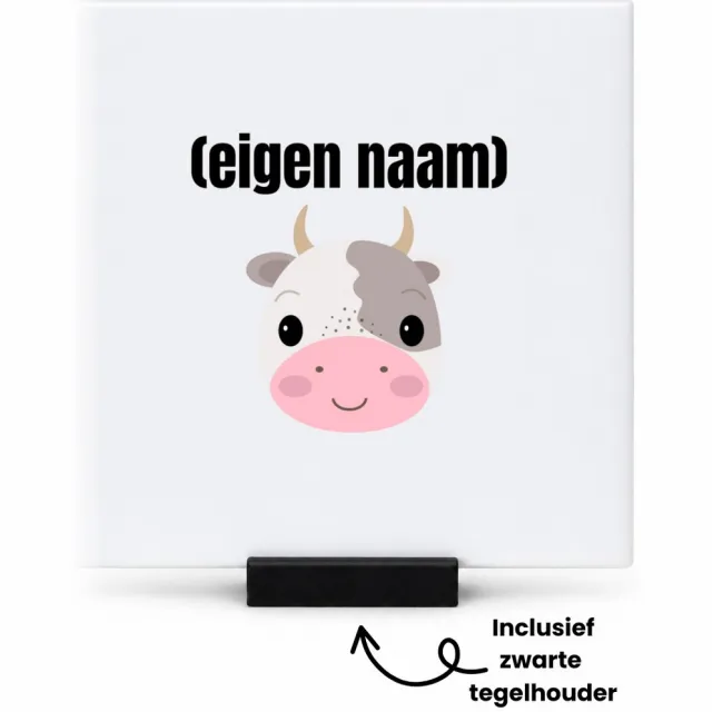 Hacebo koeienkop met eigen naam tegeltje met tegelhouder - Koe - boeren/koeien liefhebbers - tegeltjes met tekst - iemand die houdt van koeien - verjaardag - cadeau - kado - spreuktegels - 10.8x10.8 CM Wit