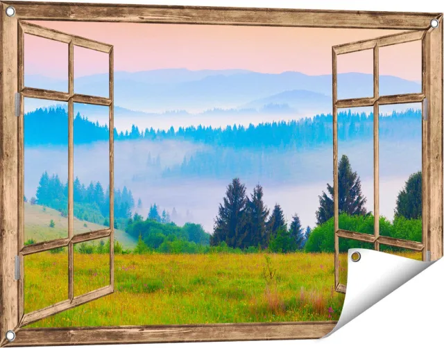 Gards Tuinposter Doorkijk Mistige Heuvel Landschap met Bossen - 90x60 cm - Tuindoek - Tuindecoratie - Wanddecoratie buiten - Tuinschilderij Licht bruin