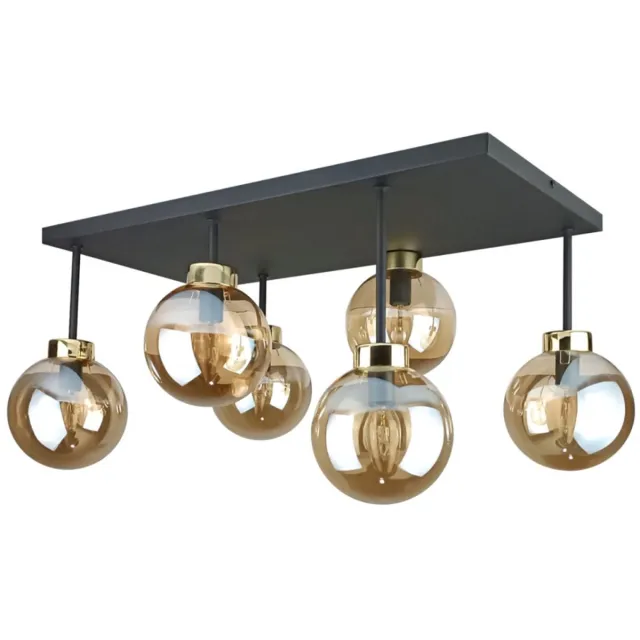 Keter Lighting Dea Gold Honey Plafondlamp 6xE27 – Zwart/Goud Metaal & Amber Glazen Lampenkappen Black