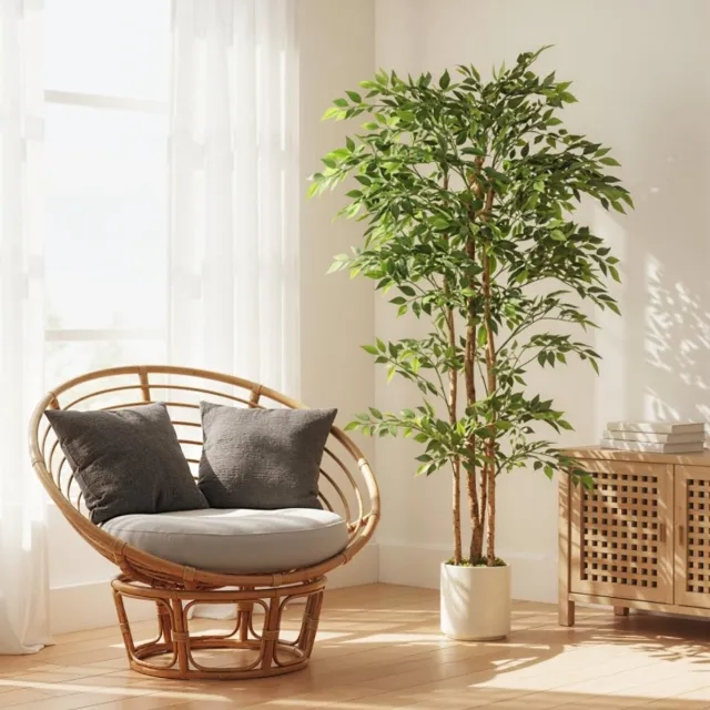 MODENUIT Kunstplant Banyanboom - 75 x 75 x 180 cm - Hout en Kunststof - Groen - Witte Pot - Verstelbare Bladeren