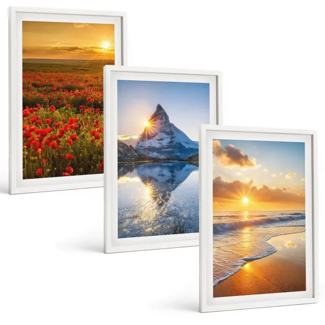 TULUP 3-Delige Schilderij Set - Berg- en kustlandschappen met zonsondergang - 40x60 - Wanddecoratie - Woonkamer Decoratie - Stijlvolle Muurdecoratie Witte lijst