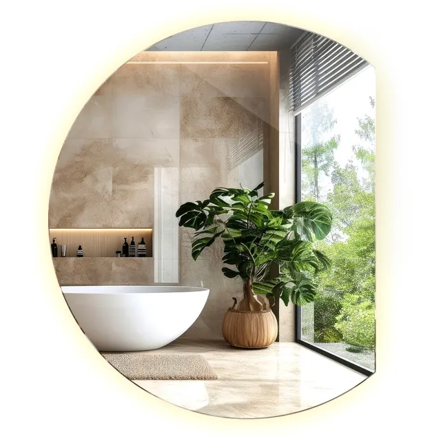 WallMuralia Asymmetrische spiegel led - 70 x 80 cm - Ronde bijgesneden spiegel - Spiegel rond afgesneden - Decoratieve wandspiegel warm licht