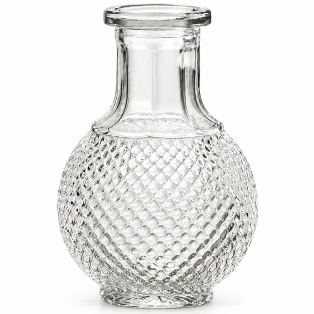 SWGOTA Transparant glazen vaasje, 11,4 cm hoog en 7,9 cm diameter, bolvorm met ruitpatroon en smalle hals, voor kunstbloemen, verpakt in een kartonnen doos