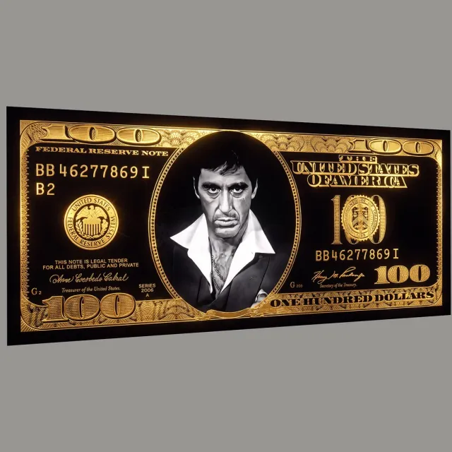 Wall Art 4 You Dibond aluminium "Scarface dollar Tony Montana gold" (mat uitstraling) afmeting 160x70cm Zwart/goud