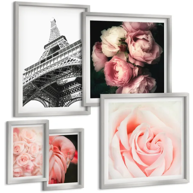 TULUP 4-Delige Schilderij Set - Roze rozen en de Eiffeltoren in een romantische stijl - 50 x 50 cm, 20 x 30 cm en 40 x 60 cm - Muurdecoratie - Wanddecoratie - Slaapkamer Zilveren lijst