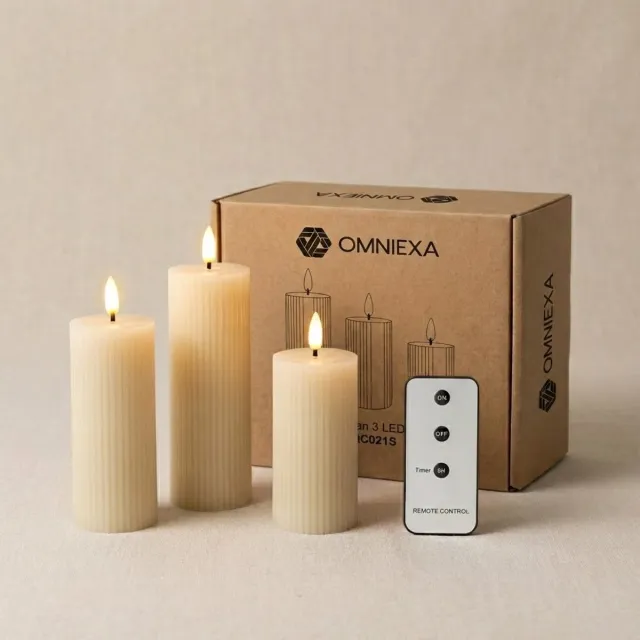 OMNIEXA LED Kaarsen op Batterijen met Afstandsbediening en Timer - Set van 3 - Echte Was - Crème