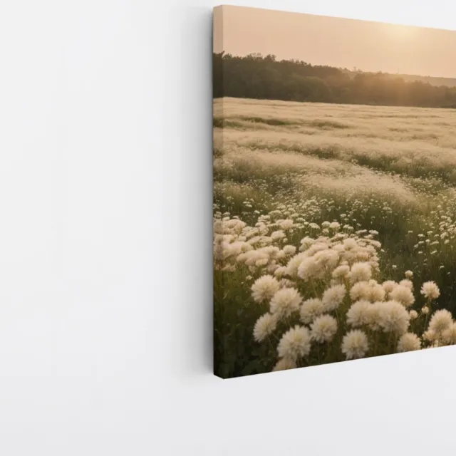 Saammp Canvas Schilderij - Landschap - Wit - Bloemenveld - Natuur - 100x100 - Foto op canvas - Wanddecoratie - Muurdecoratie Woonkamer - Slaapkamer decoratie - Canvas Print Multicolor