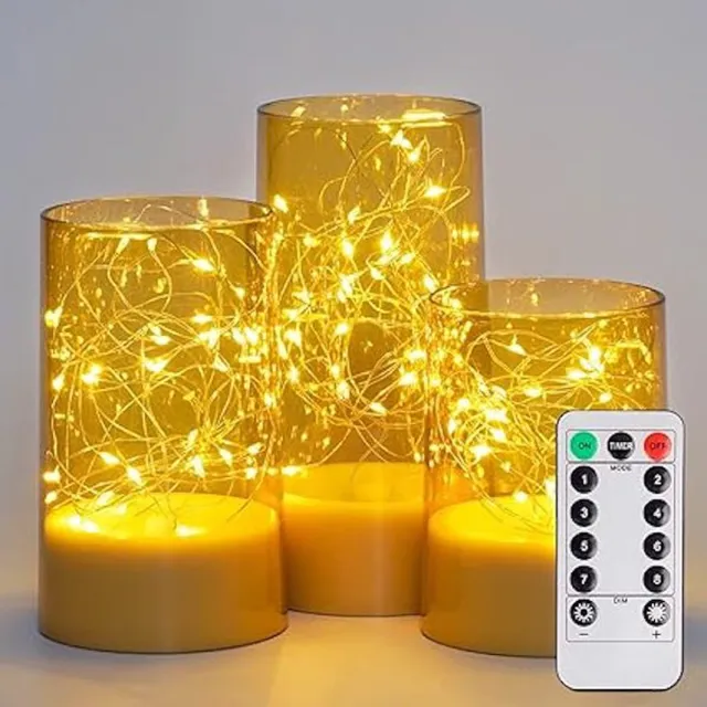 Moli Shop Denfone LED Kaarsen 3 stuks-Glimmend kaarsen Batterijkaarsen-afstandsbediening en timer-Goud Glinsterend-Goud