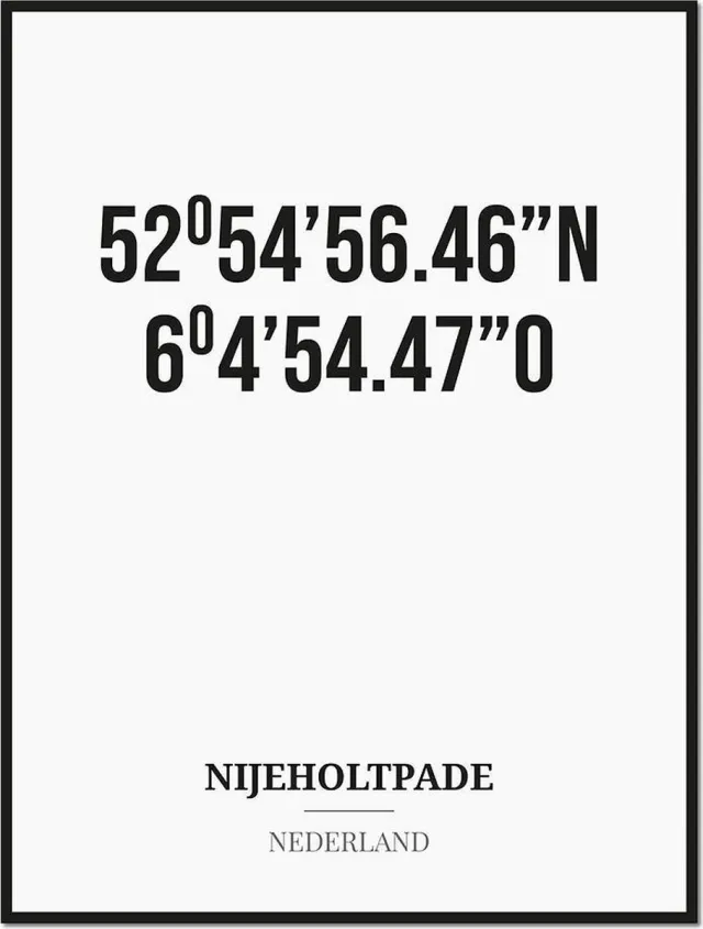 Studio216 Poster/kaart NIJEHOLTPADE met coördinaten zwart, wit
