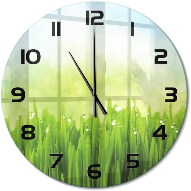 TULUP Wandklok - Gras Decoratieve Glazen Klok - fi60 cm - Groente Glazen Wandklok Design - Zwarte handen - Ronde Klok - Glazen Klok Met Print - Wandklok Glas Met Motief