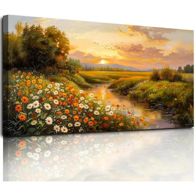 Unyqoos Landschapskunst Rivier Canvas Schilderij met Levendige Kleuren en Tijdloze Elegantie voor Interieurdecoratie geel