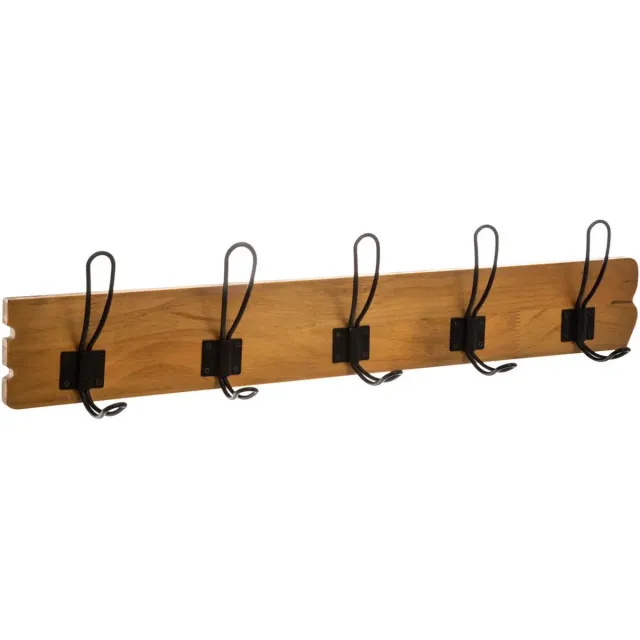 Atmosphera Créateur d'intérieur® 5Five Kapstok rek wand/muur - lichtbruin - 5 zwarte ophanghaken/10 knoppen - dennenhout/metaal - B64 x H14 cm