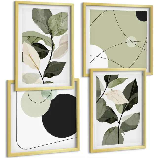 TULUP 4-Delige Schilderij Set - Geschilderde bladeren en abstracte vormen - 40 x 40 cm en 40 x 60 cm - Decoratieve Schilderijen - Wanddecoratie - Hal - Moderne Wanddecoratie Gouden lijst