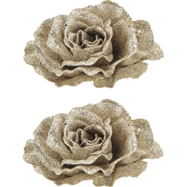 Cosy&Trendy 4x stuks decoratie bloemen roos champagne glitter op clip 10 cm - Decoratiebloemen/kerstboomversiering
