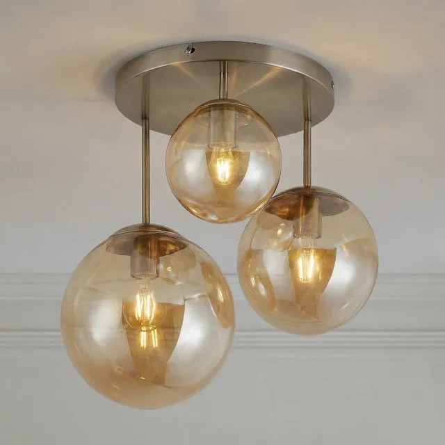 Lindby plafondlamp - 3lichts - Glas, staal - H: 44 cm - E27 - amber, oud messing