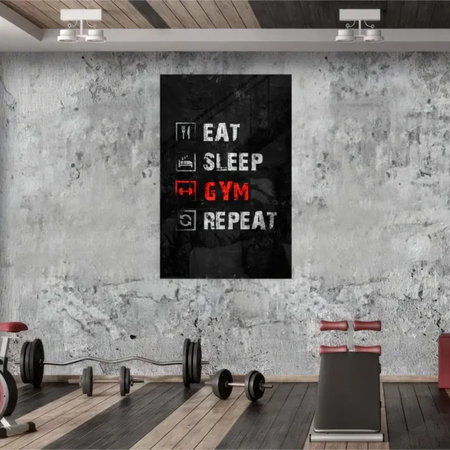 Insigne Art Glasschilderij Eat Sleep Gym Repeat – Motivatie Poster voor Fitnessruimte – Stoere Sport Wanddecoratie - 90x60 cm Zwart