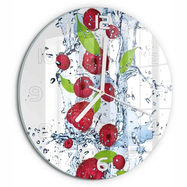 TULUP Wandklok - Frambozen en water Gekleurde Glazen Klok - fi30 cm - Rood Glazen Klok Met Print - Witte handen - Ronde Klok - Moderne Wandklok Glas - Wandklok Glas Decoratie
