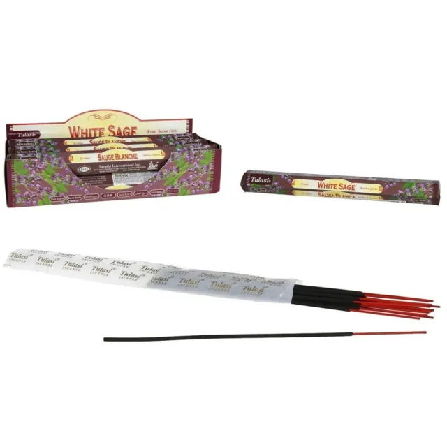 Tulasi Wierook sticks in huisgeur Witte Salie - 20x sticks van 22 cm - Ontspannend - 24 grams - Ontspannend - Kalmerend - stokjes Ivoorwit