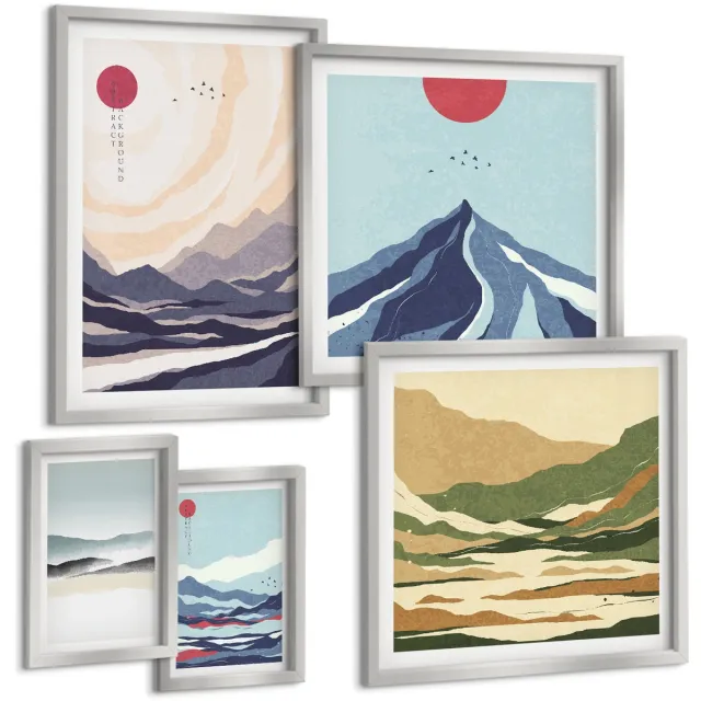 Coloray 5-Delige Schilderij Set - Abstracte Figuren Van Henri Matisse In Ingetogen Kleuren. - 20 x 30 cm - Moderne Wanddecoratie - Woonkamer - Woonkamer Decoratie Zilveren lijst