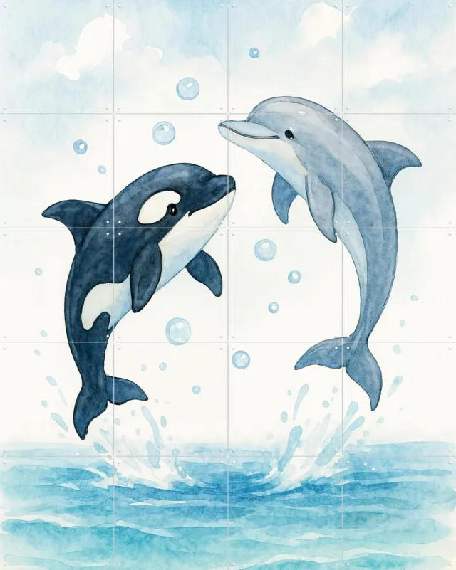 IXXI Dolfijn en Orka Spelen Samen in de Zee, Natalie Bruns - 80 x 100 cm - Grote wanddecoratie en posters - Fantasierijk, Aquarel, Speels Blauw