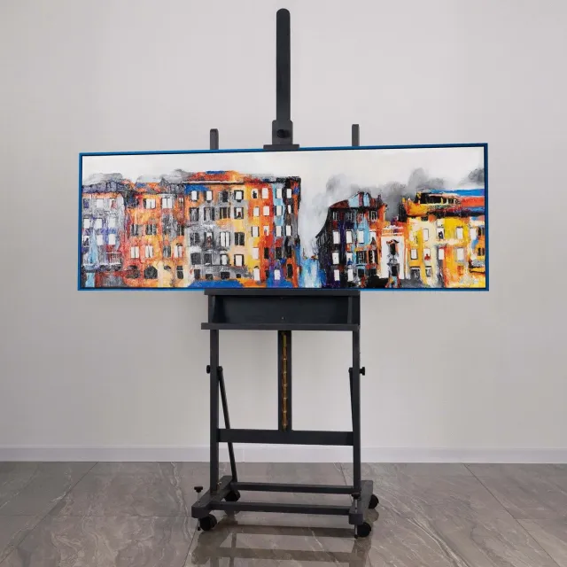 YS Canvas schilderij 150x50 cm handgeschilderd klein stadje nostalgisch charmant – YS-Art Gallery – Charmante wanddecoratie voor woonkamer – Modern schilderij voor hal Blue
