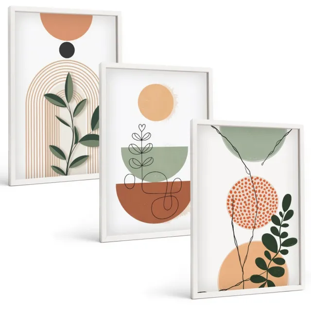 Coloray 3-Delige Schilderij Set - Abstracte Vormen Met Kleurrijke Plantmotieven - 40 x 60 - Wanddecoratie - Moderne Interieurdecoratie Witte lijst