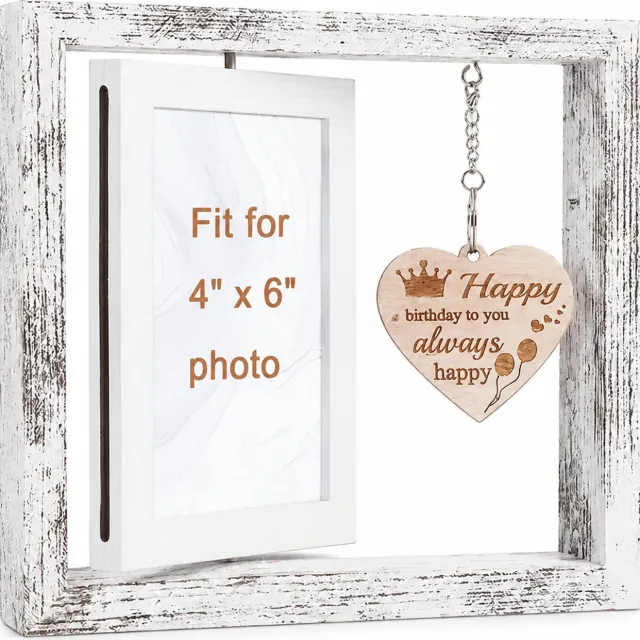 SWGOTA Dubbelzijdig draaibare fotolijst voor foto's van 10,16 x 15,24 cm - Verweerd wit, tafelmodel met hartvormige hanger