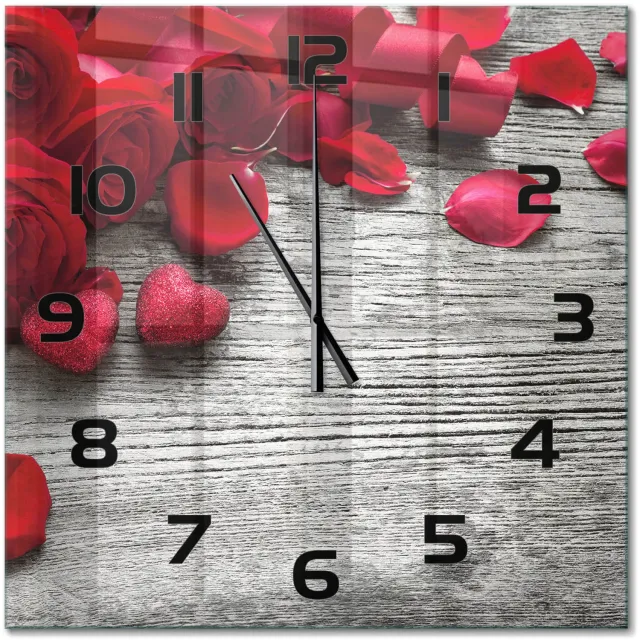TULUP Wandklok - Rode rozen Wandklok Glas Met Motief - 60x60 cm - Rood Decoratieve Glazen Klok - Zwarte handen - Vierkante Klok - Gekleurde Glazen Klok - Glazen Klok Met Print
