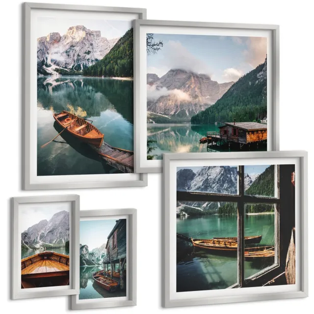 TULUP 4-Delige Schilderij Set - Rustige meren en berglandschappen met boten - 50 x 50 cm, 20 x 30 cm en 40 x 60 cm - Wanddecoratie - Moderne Interieurdecoratie - Woonkamer Decoratie Zilveren lijst