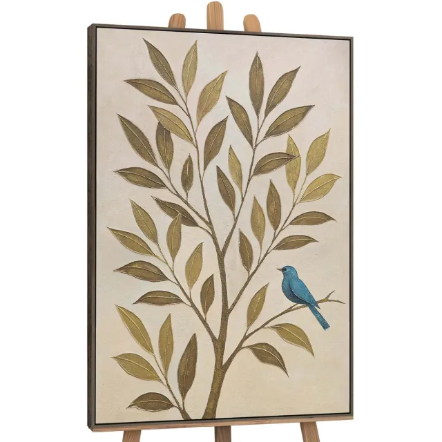 YS Canvas schilderij 120x80 cm handgeschilderd fluistering van bladeren – YS-Art Gallery – Lijst: Grijs – Luxe wanddecoratie Grey