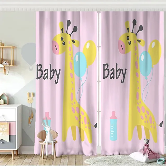 Zethome Gordijn - 140x260 cm - Kant en Klaar - Geschikt voor een rail of Roede - Digitaal Printen - Washbar - Giraffe- 2 Stuks - Totale Breedte 280cm Geel