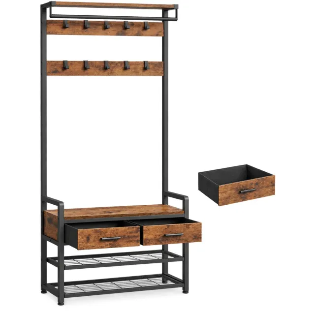 MokoHub Kapstok met Schoenenbank - Uit Elkaar Haalbaar - 2-in-1 Ontwerp - 30x80.4x181.6 cm - Zwart & Bruin