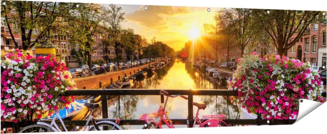Gards Tuinposter Amsterdamse Brug met Zonsopgang - 210x70 cm - Tuindoek - Tuindecoratie - Wanddecoratie buiten - Tuinschilderij Multikleur