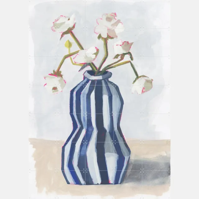 IXXI Flowers in a striped vase II, Lucrecia Caporale & Various - 100 x 140 cm - Grote wanddecoratie en posters - Impressionisme, Illustraties Blauw
