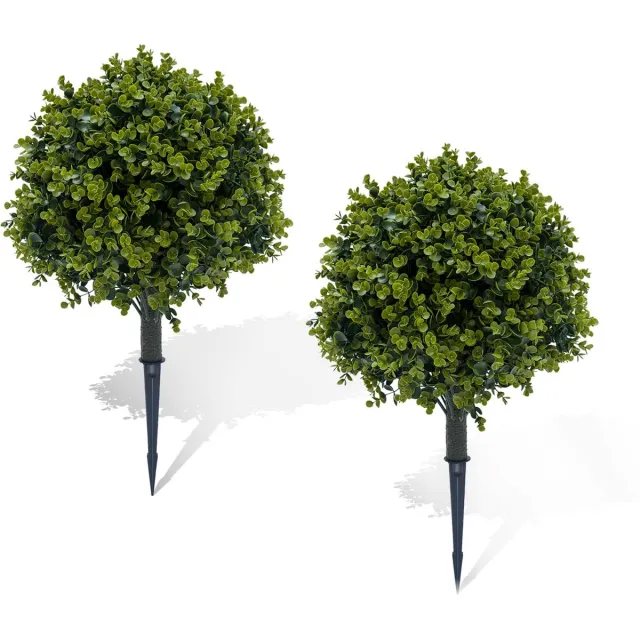 Triumpunpre Set van 2 Kunstmatige Topiary Bomen met Grondpen – Bolvormige Eucalyptusboom – Kunstplant voor Buiten – PE – Onderhoudsvrij – Tuin, Terras & Entree Groen