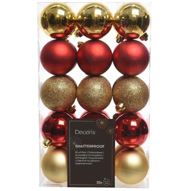 Decoris Kerstballen polystyreen kerstrood/goud shiny matt glitter mix - 30 stuks (ø6 cm)